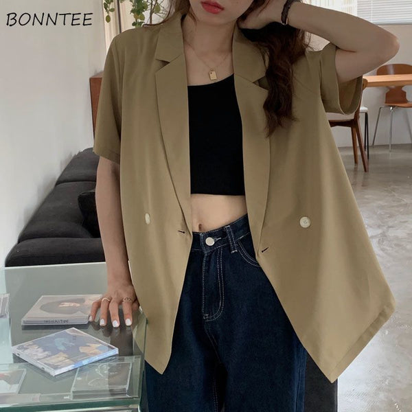 Blazers Women Loose Summer Thin Korean Casual Tunic Long Outwear All-match Soft Short Sleeve Buttons Quality College Mujer