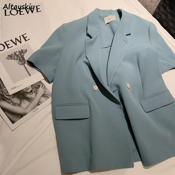 Blazers Women Casual Blue Elegant Lady Short Sleeve Loose Button Tender Gentle Summer England Style Ulzzang Female Clothing