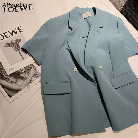 Blazers Women Casual Blue Elegant Lady Short Sleeve Loose Button Tender Gentle Summer England Style Ulzzang Female Clothing