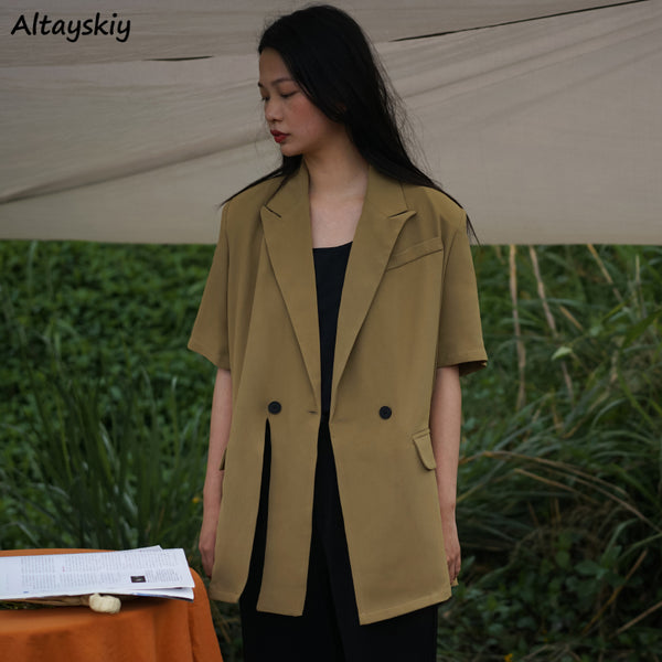 Blazers Women Designers Split High-street Modern Lady Chic Leisure Short Sleeve Loose Summer Clothing Soft Students Mujer