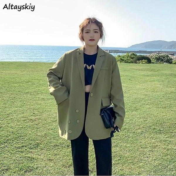 Blazers Women Designers Spring Green Button Pockets Office Lady Modern Version Chic Trendy Loose Young Streetwear Clothing