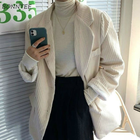 Blazers Women Retro Corduroy Loose Lady Tops Plus Size Solid White Elegant Ulzzang Vintage Chic Casual Coat Spring