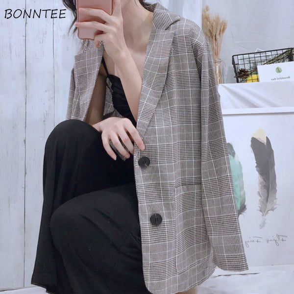 Blazers Women Plaid Leisure Coat Spring Korean Style All-match Slim Feminino Loose Elegant Chic Regular Full Sleeve Tops