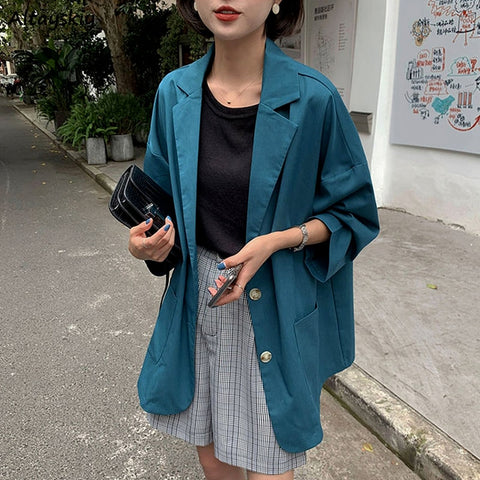 Blazers Women Notched Solid Loose Casual All-match Stylish Korean Style Elegant Large Size Simple Chic Streetwear Clothing Lady