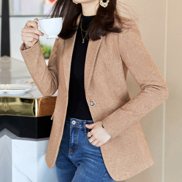 Blazers Women Office Lady Long Sleeve Pocket Blazer Elegant Single Button Straight Small Plaid Notched Chic Coat Outerwear Fall