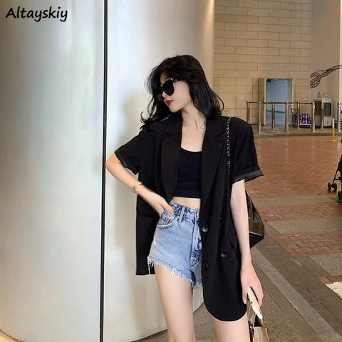 Blazers Women Office Lady Modern Streetwear Fashionable All-match Short Sleeve Double-breasted Chic Outwear Mujer Simple Daily