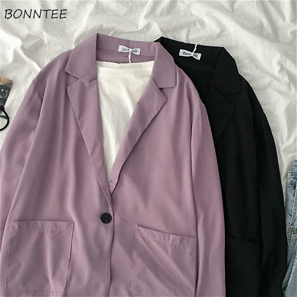 Blazers Women Pure Chic Fall Pocket Design Simple Korean Office Lady Overcoats All-match Single Button Female Clothing Trendy