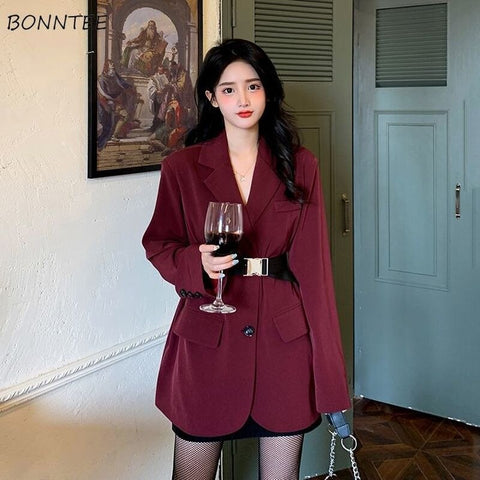 Blazers Women Red Vintage Comfortable Femme Long Sleeve All-match Leisure Tender Streetwear Spring Solid Simple Mujer Chic Ropa