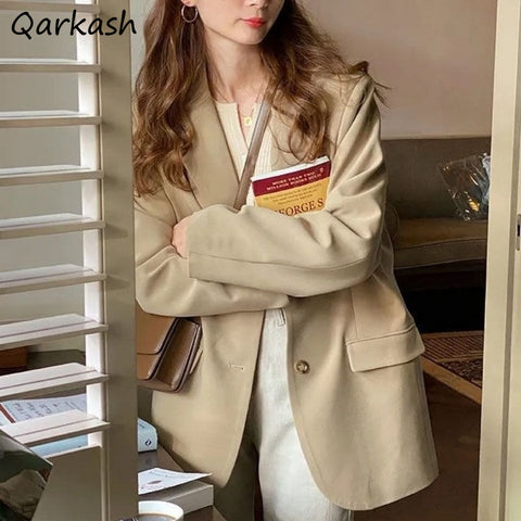 Blazers Women Retro Breathable Khaki Elegant Notched Trendy Korean Long Sleeve Casual Classy Elegant Baggy Harajuku Outwear Pure