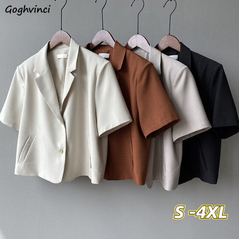 Blazers Women Retros Short Sleeve Vintage Summer Korean Style Crop Outwear Casual OL Office Lady All-match Ins Mature