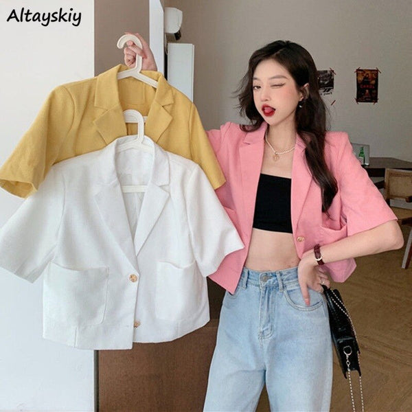 Blazers Women Short Sleeve College All-match Summer pocket Ulzzang Single Breasted Streetwear Simple Temperament Ins
