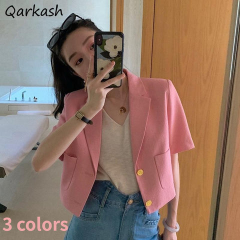 Blazers Women Short Sleeve Cropped Summer Outwear Simple Pure Color Pockets Elegant All-match Female Korean Style Trendy Soft