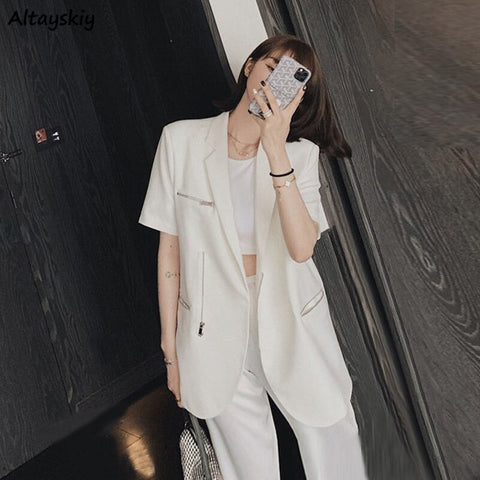 Blazers Women Short Sleeve Solid Zipper Chic Baggy Notched All-match Summer Gentle Creativity Thin Korean Style Female