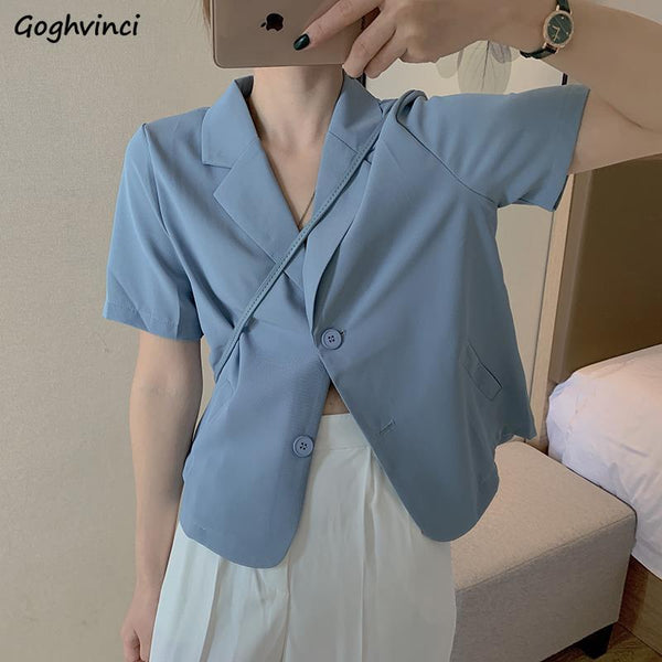Blazers Women Short Sleeve Summer Crop Tops Button Up Notched Collar OL Daily Elegant Slim Streetwear Cozy Ulzzang White Suits