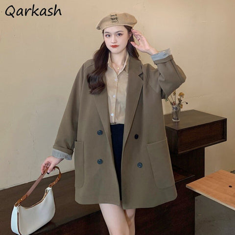 Blazers Women Simple Basic Elegant Vintage Double Breasted Leisure Autumn Loose All-match Chic Outwear Classic Feminino Popular