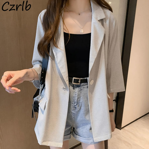 Blazers Women Simple Casual All-match Thin Summer Plaid Loose Basic Elegant Пальто Женское Female Pockets Korean Retro