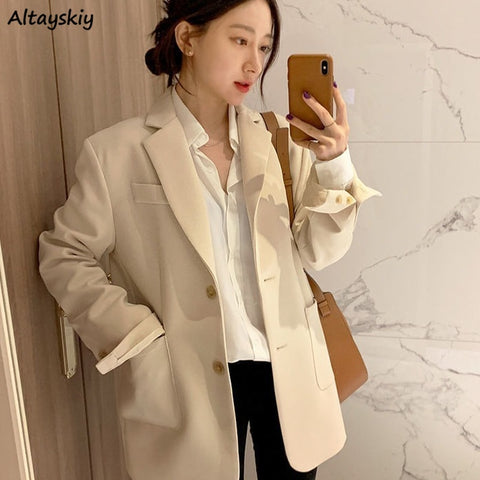 Blazers Women Single Breasted Loose All-match Casual Office Ladies Solid Fashionable Mujer Spring Long Sleeve Notched Outerwear