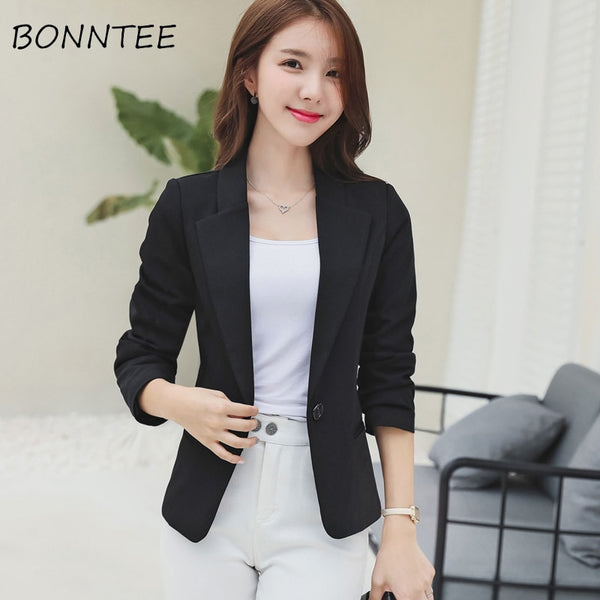 Blazers Women Slim Elegant Solid Simple Office Ladies Korean Style Long Sleeve Single Button Daily Womens Casual Work