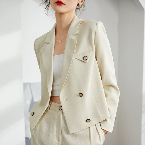 Blazers Women Solid 60% Acetate Classic Design Pockets Double Button Loose Ladies Coat Fashion