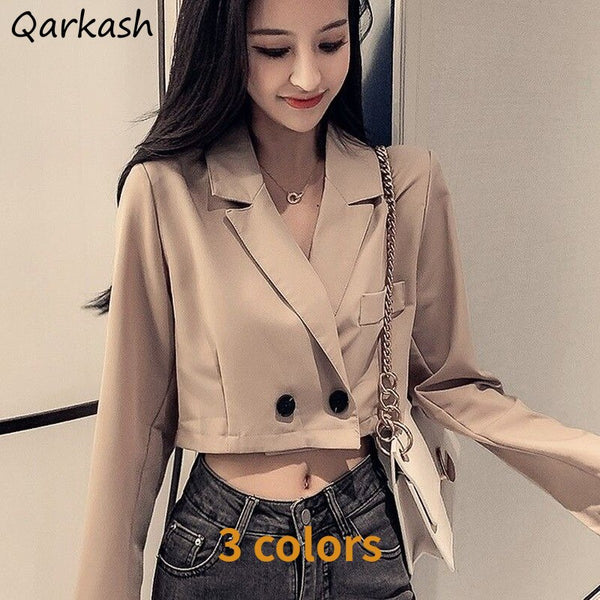 Blazers Women Solid Cropped Simple Elegant Spring 3 Colors Casual Office Lady Basic Outwear Ulzzang Popular Double Breasted Ins