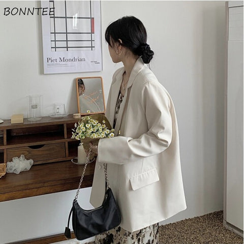 Blazers Women Solid Korean Style Design Classic Double Breasted Notched Casual Loose Daily Students Streetwear Cozy