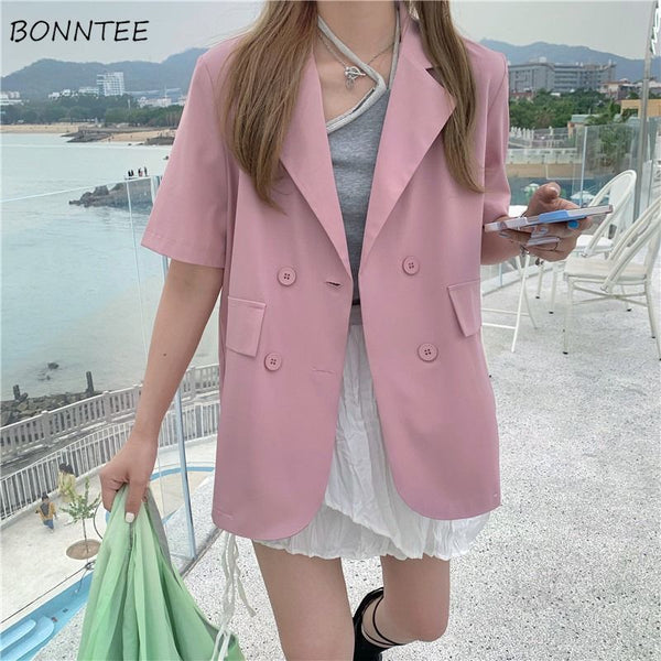 Blazers Women Solid Notched Double Breasted Fashionable Baggy Korean Style Leisure Summer Short Sleeve All-match Elegant Simple
