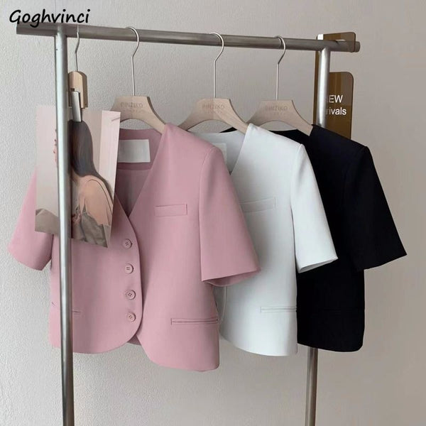 Blazers Women Solid Office Lady Simple Elegant Gentle V-neck All-match Leisure Pockets Female Outwear Cozy Ins Design Bf Cropped