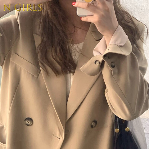 Blazers Women Solid Retro Baggy BF Style Elegant Double Breasted Office Ladies High Street Notched Basic Outwear Classy