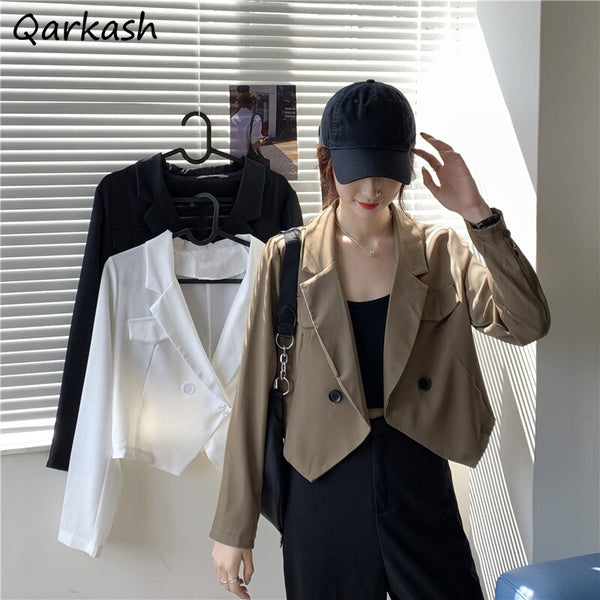 Blazers Women Solid Simple Chic Autumn Outwear Basic Notched Femme Crops Fit Double Breasted Ulzzang Daily Elegant Mujer