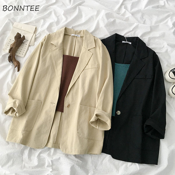 Blazers Women Solid Single Button Long Sleeve Autumn Notched Retro Stylish All-match Daily Baggy Casual Simple Temperament Chic