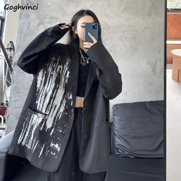 Blazers Women Spring Design Ins Korean Style Y2K Dark Graffiti Loose Black Street BF Youth Casual Daily Stylish Chic