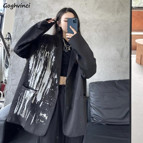 Blazers Women Spring Design Ins Korean Style Y2K Dark Graffiti Loose Black Street BF Youth Casual Daily Stylish Chic
