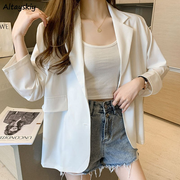 Blazers Women Spring Office Ladies Simple Solid Button Single Breasted Notched  Loose Leisure Cozy Popular