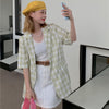 Blazers Women Summer Korean Style Baggy All-match Single Breasted Plaid Short Sleeve Outwear Casual Bf Friends Sweet Ins