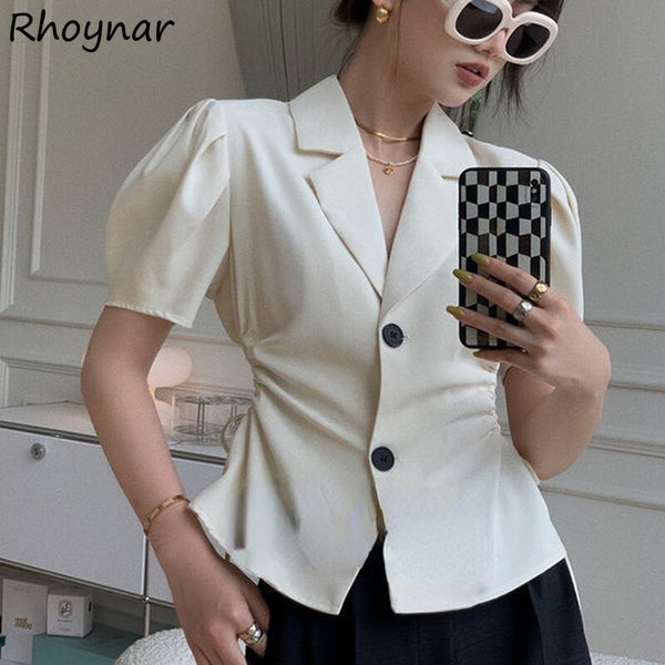 Blazers Women Summer Korean Style Causal Slim Solid Cropped Hollow Out Simple All-match Vintage Female Puff Sleeve