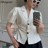 Blazers Women Summer Korean Style Causal Slim Solid Cropped Hollow Out Simple All-match Vintage Female Puff Sleeve