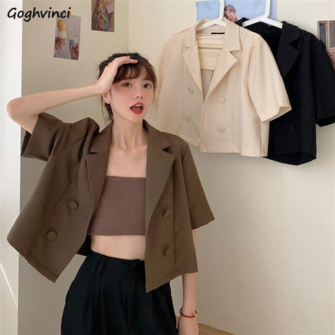 Blazers Women Summer Solid Double Breasted Crop Korean Style Outwear Casual Vintage All-match Plus Size Short Sleeve Ins