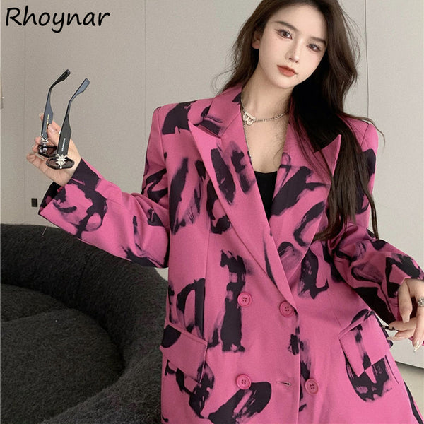 Blazers Women Sweet Print Tender Autumn Casual Korean Style Design Pockets Double Breasted Office Lady Classic Outwear