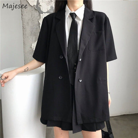 Blazers Women Thin Double Breasted Korean Style Loose Dark Summer Cool Stylish Basic All Match Streetwear Vintage Cozy Preppy