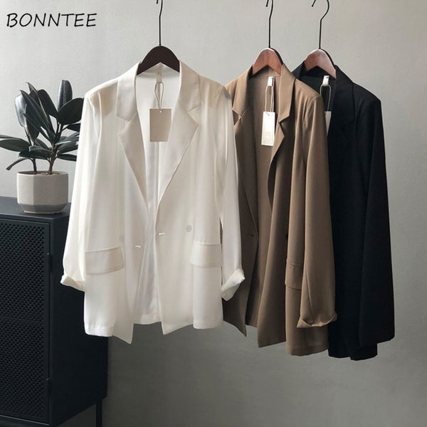 Blazers Women Thin Tender Causal High Street Office-look Ladies Summer Solid All-match Basic Notched Outwear Korean Sun-proof
