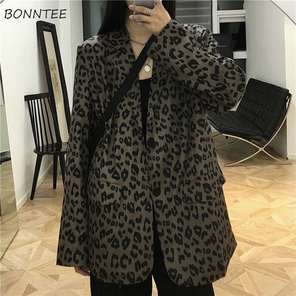 Blazers Women Unisex Leopard Vintage Female Harajuku Outwear Long Sleeve Spring Autumn Loose Casual Trendy Retro Mujer Students