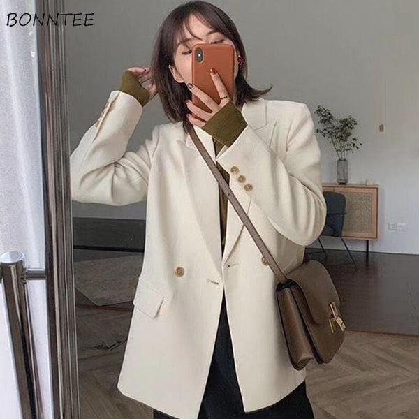 Blazers Womens Elegant Trendy Korean Style Solid Ladies Retro Outwear Leisure Daily All-match Double Breasted Simple Chic