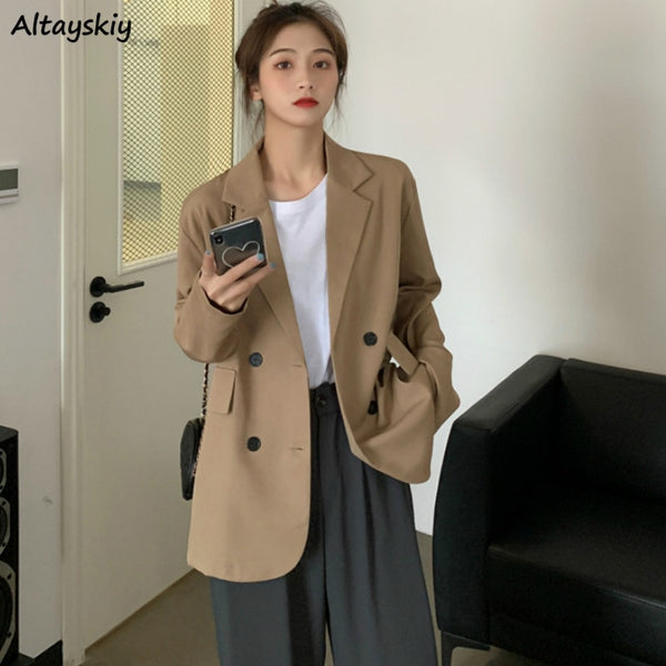 Blazers Womens Solid Simple Classic Notched Double Breasted Autumn Loose Outwear Ladies All-match Casual Daily Harajuku Trendy