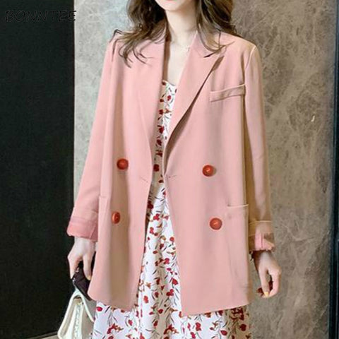Blazers Womens Solid Vintage Elegant Casual Lady Korean Style Double Breasted Chic Pockets Slim Tops Spring Leisure