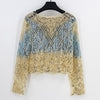 Bling Bling Women Body Crop Top Blouse Feminina Floral Check Embroidered Lace Mesh Long Sleeve Sequined Beaded Short Shirt Top