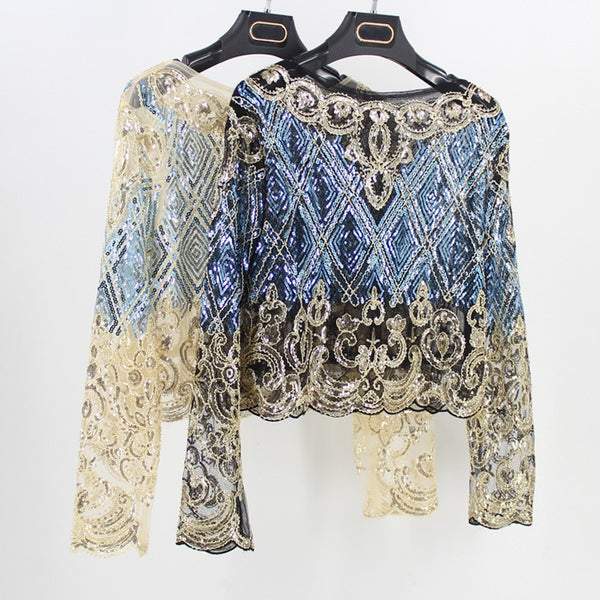 Bling Bling Women Body Crop Top Blouse Feminina Floral Check Embroidered Lace Mesh Long Sleeve Sequined Beaded Short Shirt Top