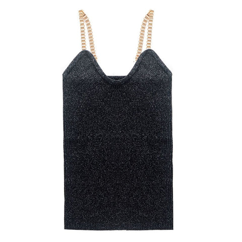 Bling Women Sleeveless Tank Tops Sexy Female V-Neck Knitted Shiny Camisole Club fem Metal Strap Camis Thin Glitter camis lady