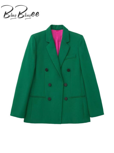 BlingBlingee Autumn 2023 OL Style Women Green Suit Jacket Traf Double Breasted Slim Blazers Female Elegant Chic Tops Coats