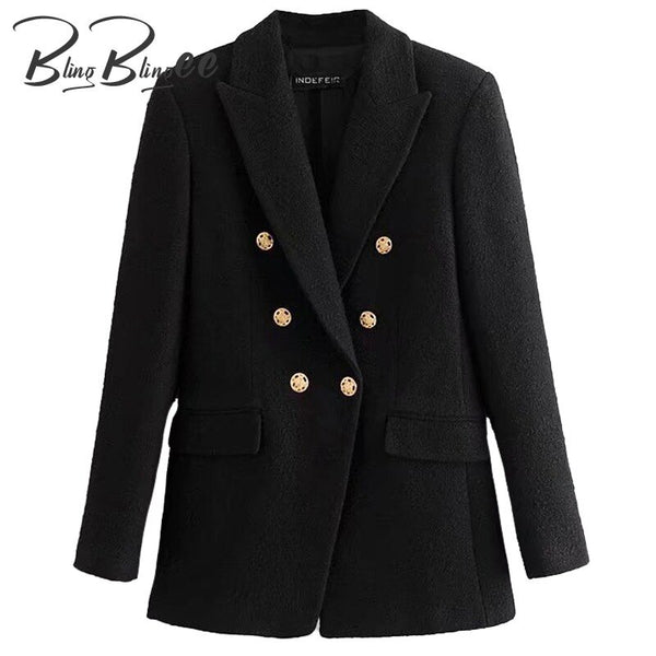 BlingBlingee Za 2022 Autumn Winter Woman Traf Coats OL Style Slim Blazers Ornate Buttons Female Casual Tweed Woolen Long Jacket