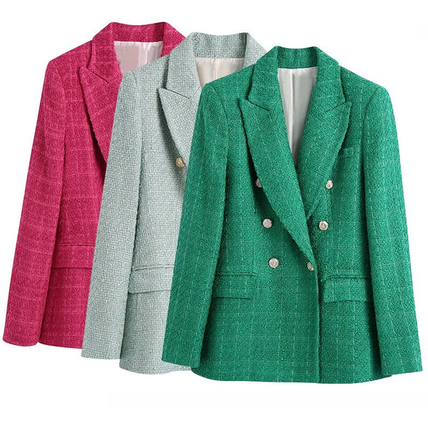 BlingBlingee Za 2022 Autumn Winter Women Traf Coats Double Breasted Tweed Woolen Jackets Female Casual Thick Green Blazers